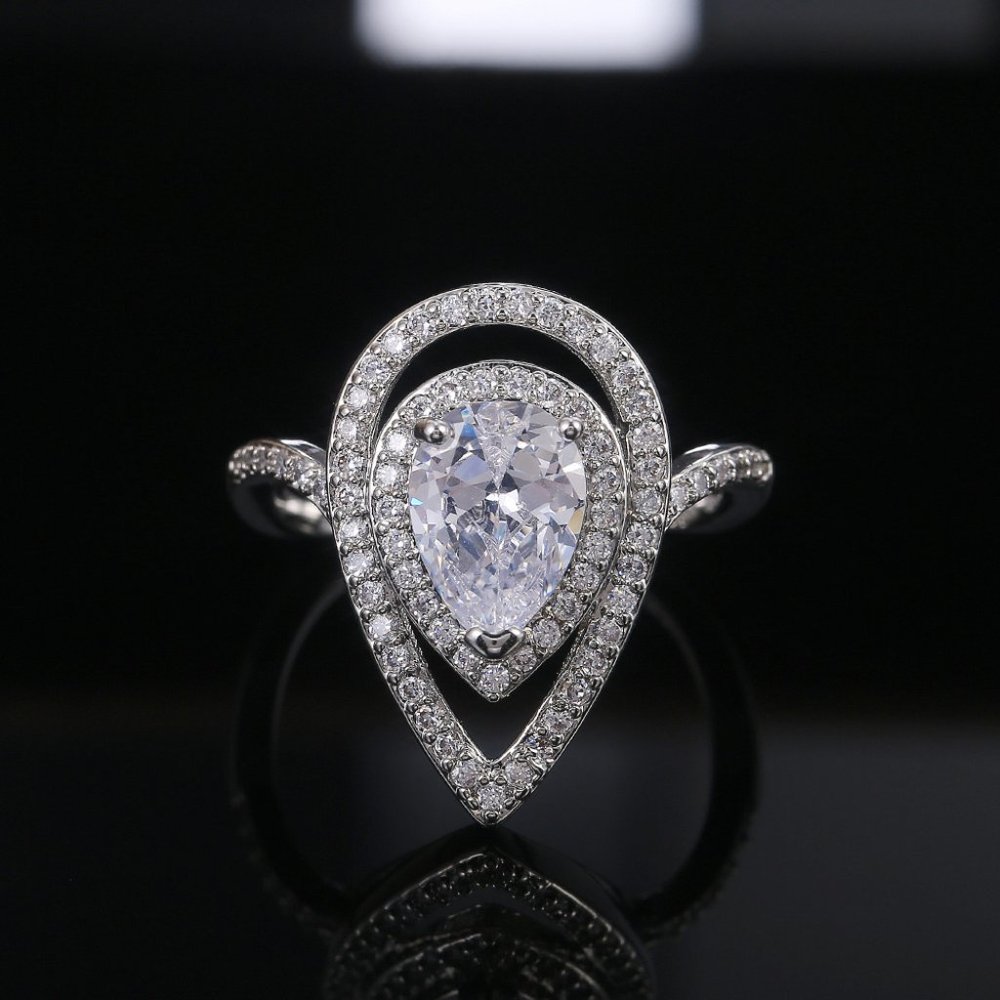 NEW 925 Silver Teardrop Pear Cut Double Halo Ring - Picture 4 of 9